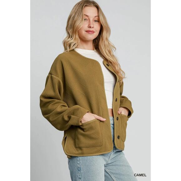 Umgee Textured Jacquard Pattern Long Sleeves Pockets Relaxed Fit Jacket | Camel - Picture 3 of 6